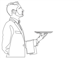 Waiter holding food tray. One line drawing. Restaurant worker concept. Vector illustration