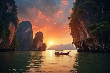 Beautiful sunset at Halong bay, Vietnam. Longtail boat on the sea. Amazed nature scenic landscape James bond island with a boat for traveler Phang Nga Bay, AI Generated