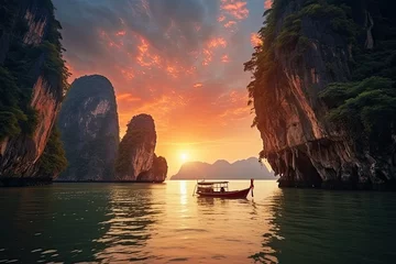 Tuinposter Beautiful sunset at Halong bay, Vietnam. Longtail boat on the sea. Amazed nature scenic landscape James bond island with a boat for traveler Phang Nga Bay, AI Generated © Iftikhar alam