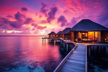 Obraz premium Beautiful sunset at Maldives island with few palm trees and blue lagoon, Picturesque summer sunset in Maldives. Luxury resort villas seascape with soft led lights under colorful sky, AI Generated