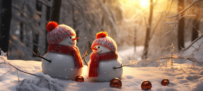 snowmen knitted with red wool hat and orange scarf in snow with forest in background.