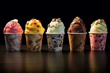 Different Ice cream flavors in paper cups isolated on copy space black background, Ice cream cups in a row, refreshment dessert wallpaper Concept, Created with Generative AI - obrazy, fototapety, plakaty