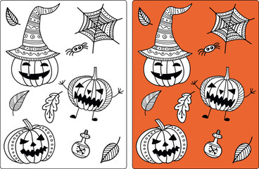 Coloring page for Halloween, vector illustration, Black and white pumpkin drawing, October event, Fun Activity, DIY Coloring, Halloween Artwork, poster, sticker