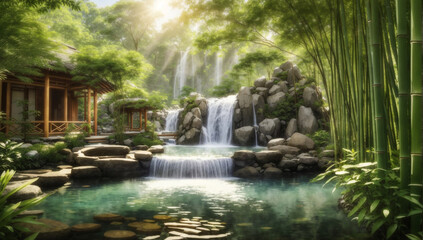 A mesmerizing scene where a serene water basin glistens under the gentle caress of sunlight, encircled by majestic, towering bamboo stalks that create an enchanting natural canopy - AI Generative