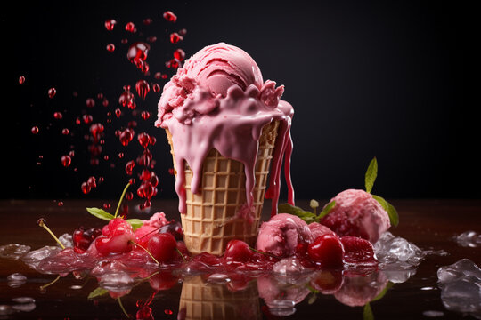 An image of melting strawberry ice cream waffle cone isolated on dark background, Ice Cream waffle cone surrounded by cherries, strawberries and ice creams in black background, AI Generated