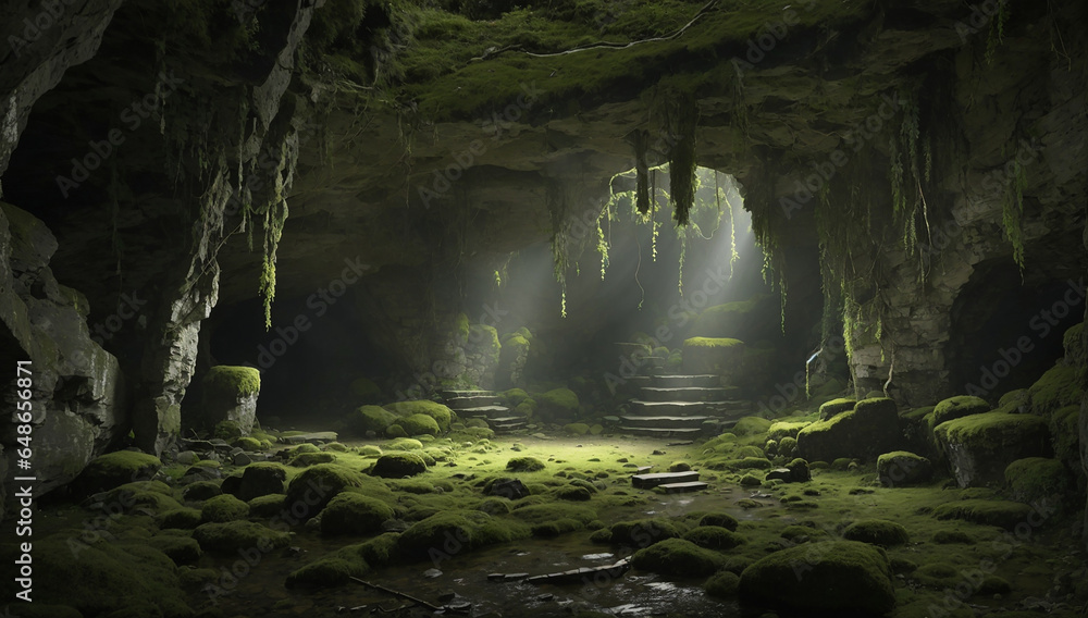 Poster an eerie and atmospheric ai-generated image of a forgotten stone cave shrouded in an aura of mystery