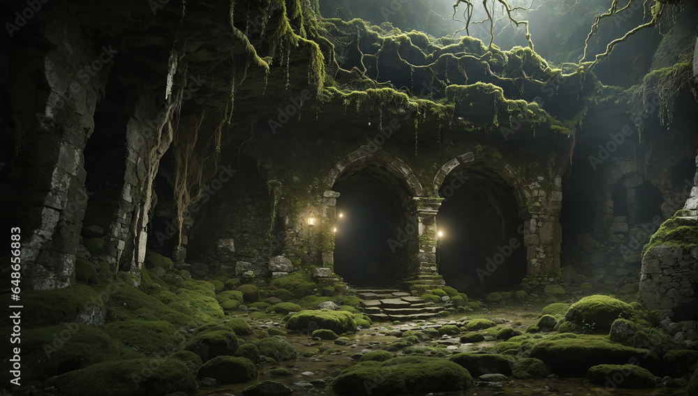 Poster an eerie and atmospheric ai-generated image of a forgotten stone cave shrouded in an aura of mystery