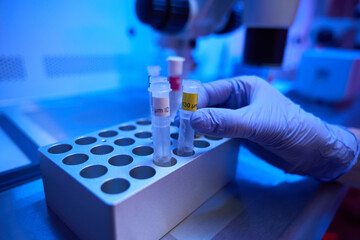 Man in protective glove takes out test tube from special box