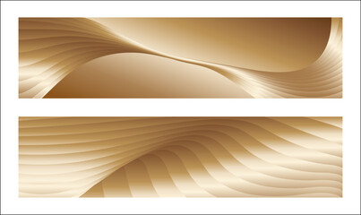 Wavy golden parallel gradient lines, ribbons, silk. Golden with shades of yellow background, banner, poster. Set of 2 backgrounds. Eps vector