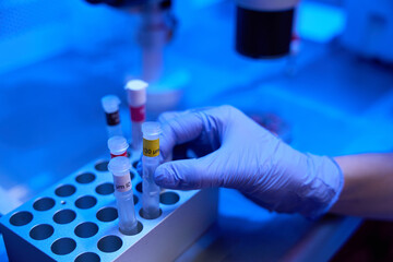 Person takes out test tube from the cell of special box