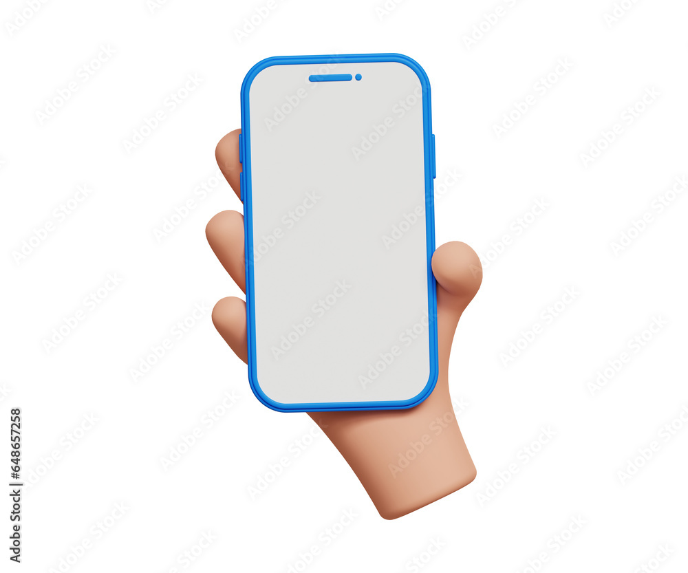 Poster 3d cartoon hand using smartphone with empty screen for mockup concept. empty screen cellphone templa