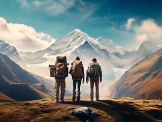 Three hiking friends contemplating the scenery from a mountain summit