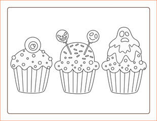 Halloween coloring pages spooky cupcakes for kids set of 3. Cupcakes with pumpkin, witch, ghost, bat, spider, skull for Halloween