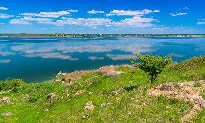 Fototapeta na wymiar Natural spring landscape of the steppe on the shore of the Khadzhibey estuary