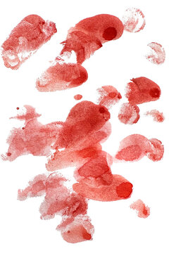 Watercolor blood splatter painted isolated on white for halloween design. Red dripping blood drop illustration. Blood red drops.  Halloween bloody background.