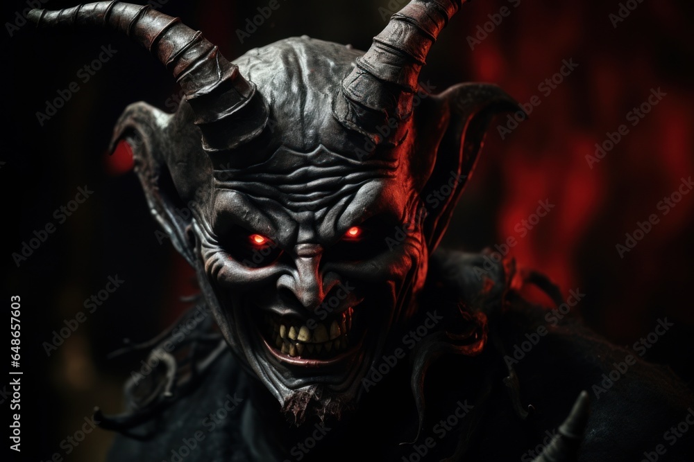 Poster A close-up view of a demon with menacing red eyes. This image can be used to create a terrifying atmosphere or to depict evil and darkness.
