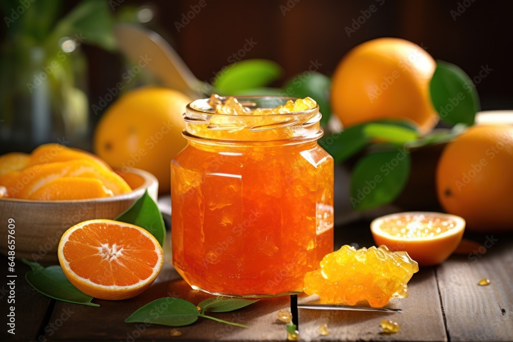 Poster a jar of orange marmalade is placed next to a bowl filled with fresh oranges. this image can be used