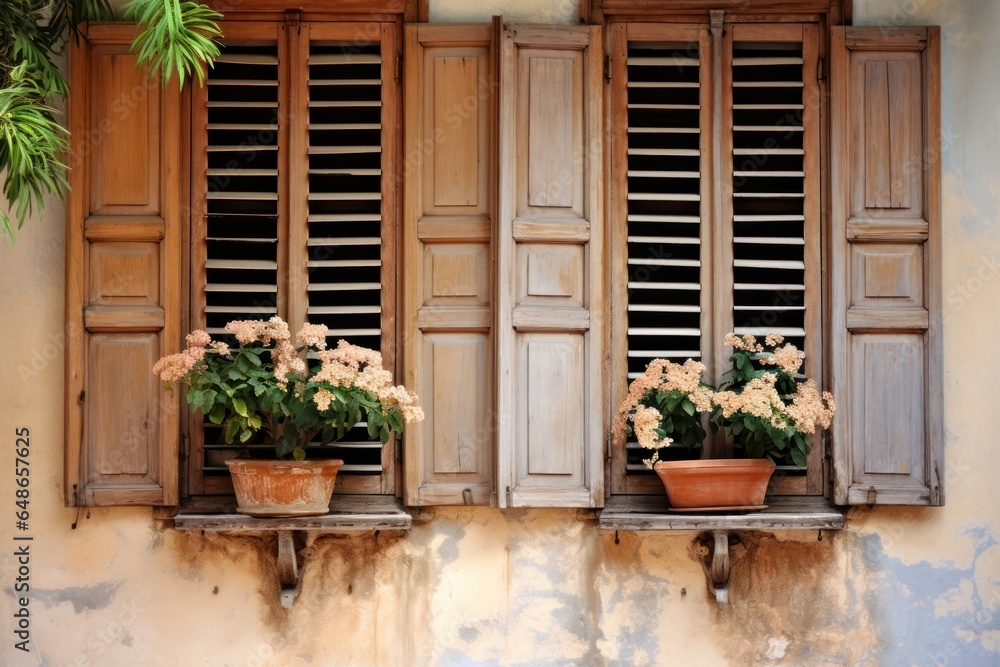Poster two potted flowers sitting on a window sill. perfect for adding a touch of nature to any interior sp