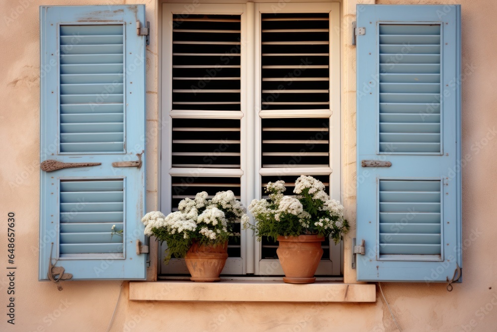 Poster A picture of a window with blue shutters adorned with potted flowers. This image can be used to add a touch of charm and beauty to any home or garden-related project.