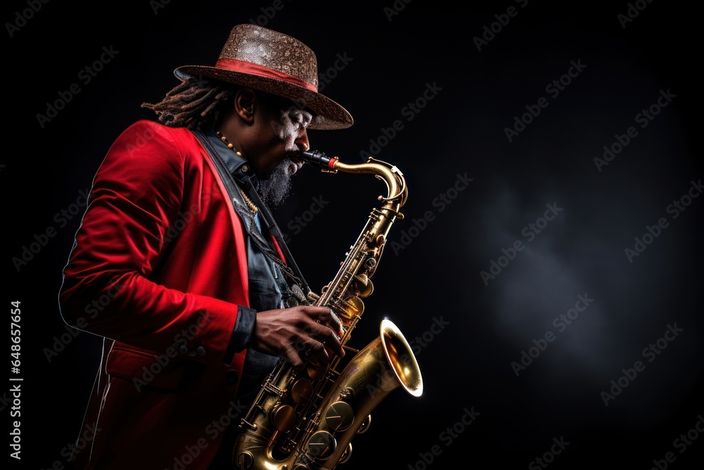 Poster A man is playing a saxophone while wearing a red jacket and hat. This image can be used to depict a musician or jazz performance.