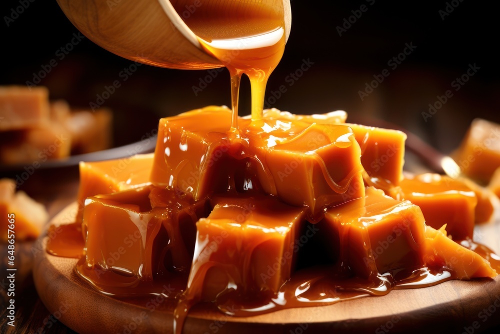 Sticker A wooden plate with an assortment of caramel pieces. Perfect for food photography and sweet treat concepts.