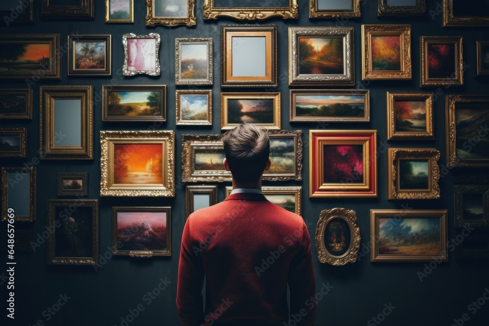 Poster A man standing in front of a wall filled with vibrant and colorful paintings. This image can be used to depict art appreciation, gallery visits, or the concept of being surrounded by creativity.