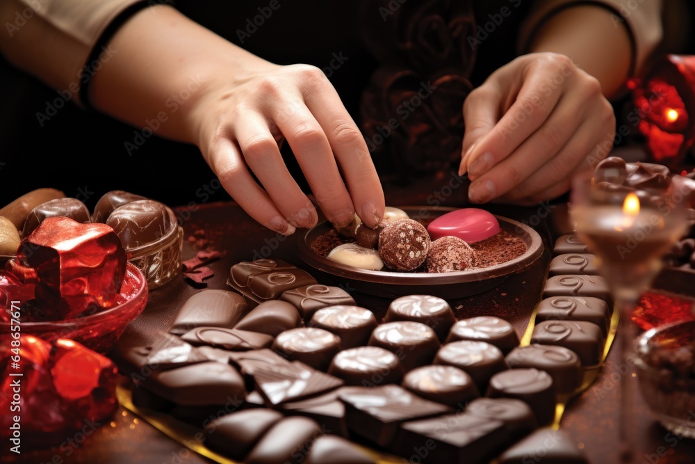Poster a person is seen putting chocolates on a plate on a table. this image can be used to showcase delici