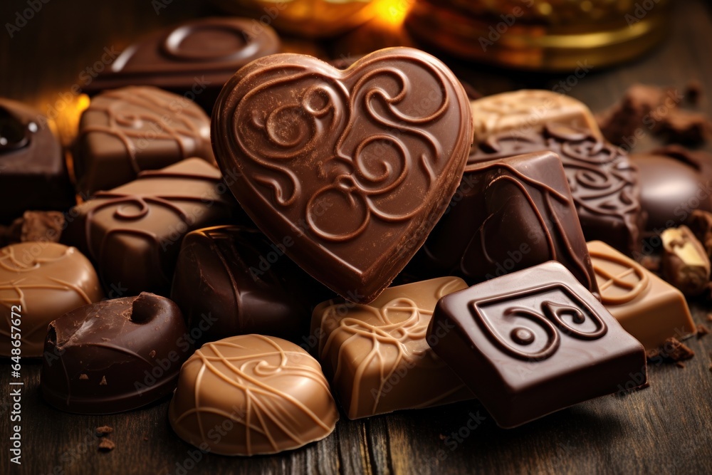 Aufkleber a pile of chocolates arranged on a wooden table. this image can be used to depict indulgence, desser