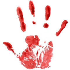 Bloody hand print isolated on white background. Handprint blood smeared. Horror scary blood dirty handprint and fingerprint. Red hand print on white background. Halloween bloody hand.