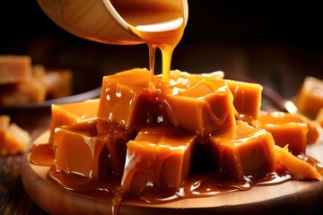 A wooden plate with an assortment of caramel pieces. Perfect for food photography and sweet treat concepts.