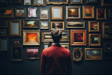 A man standing in front of a wall filled with vibrant and colorful paintings. This image can be used to depict art appreciation, gallery visits, or the concept of being surrounded by creativity.