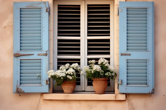 A picture of a window with blue shutters adorned with potted flowers. This image can be used to add a touch of charm and beauty to any home or garden-related project.