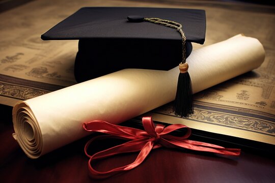 A graduation cap and diploma laid on top of a book. This image represents the achievement of education and the completion of studies. It can be used to showcase graduation, academic success, or educat