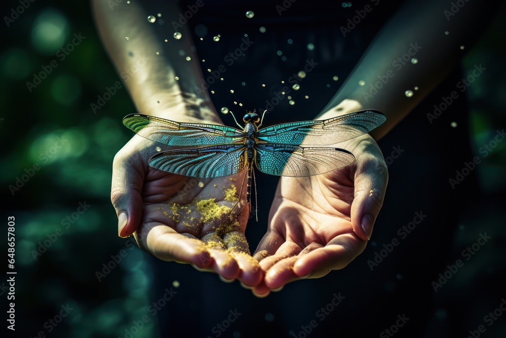 Poster a person holding a delicate dragonfly in their hands. this captivating image can be used to illustra