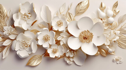 3D Flower poster and wallpaper wallart interior wall decor Gold White Creme Luxus
