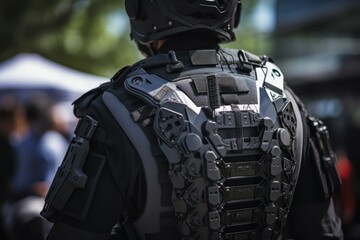 A detailed close-up of the back of a person wearing a helmet. This image can be used to illustrate safety precautions, workplace safety, or outdoor activities requiring protective headgear.