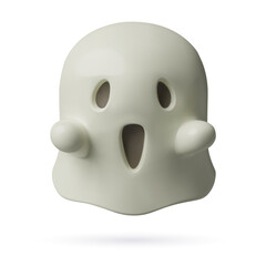 White ghost cartoon 3d icon with a scary face emotion. Traditional Halloween night character. Three dimensional glossy plastic cute floating spirit. Vector illustration on white background.