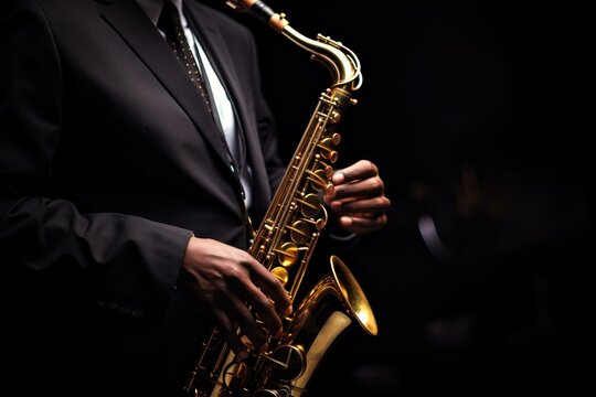 A professional man in a suit playing a saxophone. Perfect for jazz events, music performances, or advertisements seeking a sophisticated and stylish atmosphere.