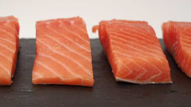 Salmon red fish fillet. Salmon fillet close-up. Camera movement.