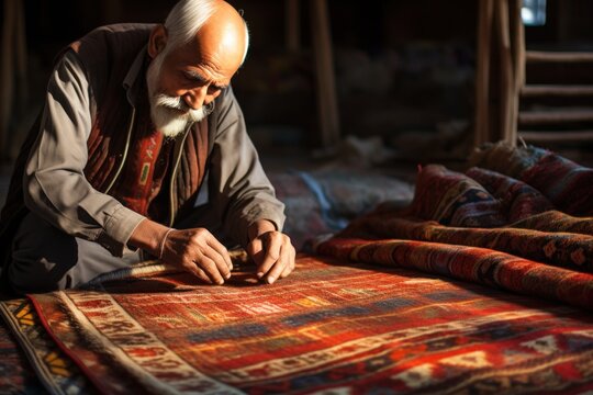 An old man diligently working on a rug. This image can be used to depict craftsmanship, traditional skills, and dedication to one's work.