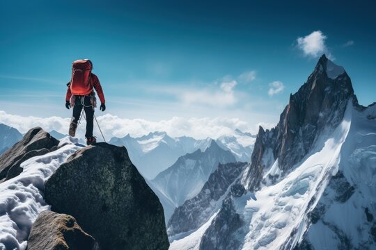 A man stands triumphantly on the summit of a snow-covered mountain. This image captures the exhilaration and sense of accomplishment achieved by conquering nature's challenges. Perfect for illustratin