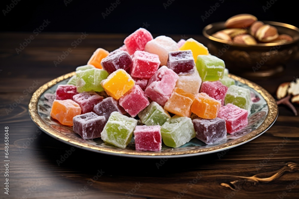 Poster a plate filled with assorted candies displayed on top of a wooden table. perfect for sweet treats or