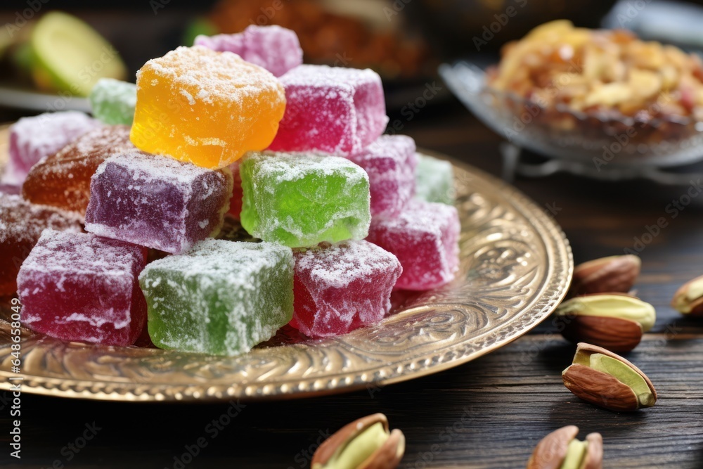 Poster a gold plate filled with a delightful assortment of candies and nuts. this picture can be used to sh