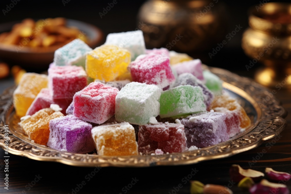 Poster A plate filled with various vibrant sugar cubes. Ideal for adding a pop of color to your projects or creating eye-catching compositions.
