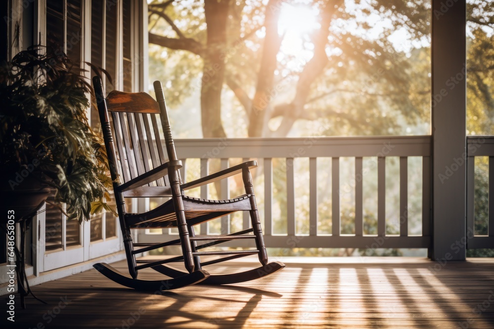 Poster a comfortable rocking chair bathed in the warm sunlight on a peaceful porch. perfect for creating a 