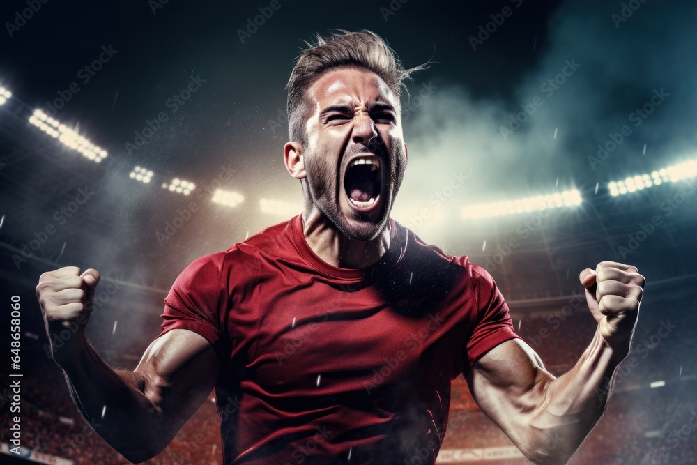 Poster a man wearing a red shirt is captured in a moment of intense screaming at a stadium. this image can 