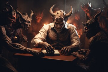 A painting depicting a man wearing a horned mask sitting at a table. This image can be used to create a mysterious and intriguing atmosphere in various projects. - obrazy, fototapety, plakaty