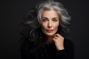 Fototapeta premium A woman with grey hair posing for a picture. This image can be used for various purposes, such as representing aging gracefully or showcasing natural beauty.