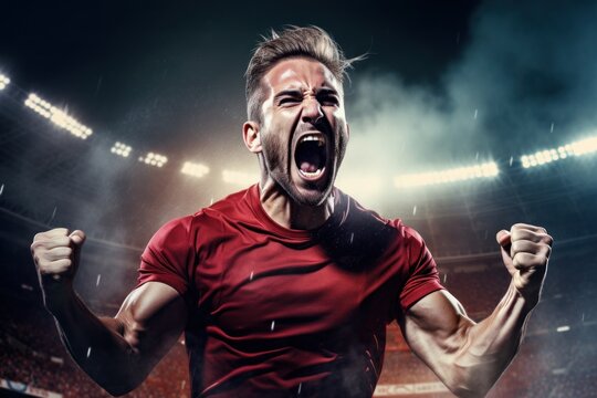 A man wearing a red shirt is captured in a moment of intense screaming at a stadium. This image can be used to portray emotions such as excitement, frustration, or passion in sports events or any inte