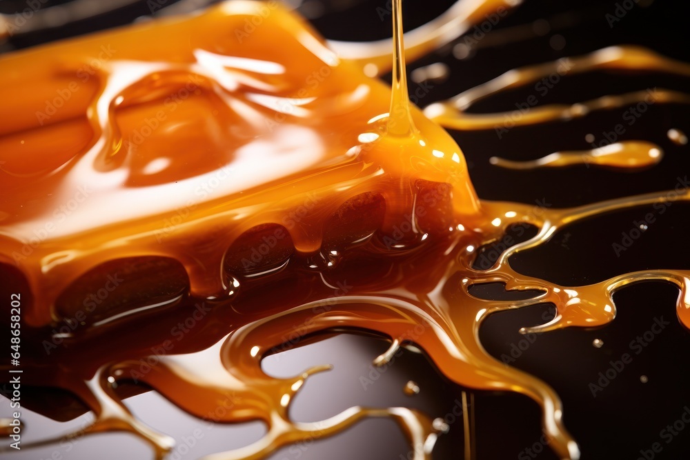Poster a piece of cake being enhanced with a drizzle of caramel. perfect for illustrating the addition of s